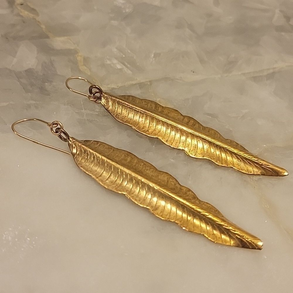 Heather Gardner Boho Gold Sterling Feather Dangle Drop Fairy Romantic Earrings - Picture 10 of 12